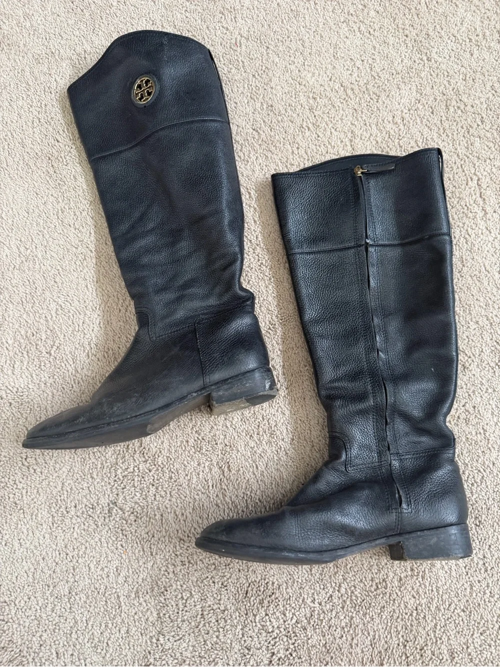 Tory Burch Black Leather Riding Boots 9.5 M Knee High Logo